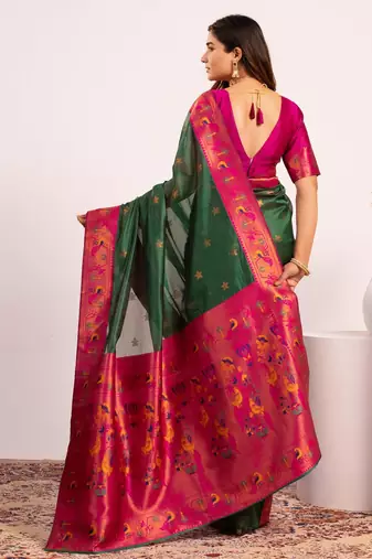 Green color tissue silk ethnic partywear paithani pallu designer saree
