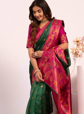 Green color tissue silk ethnic partywear paithani pallu designer saree 3