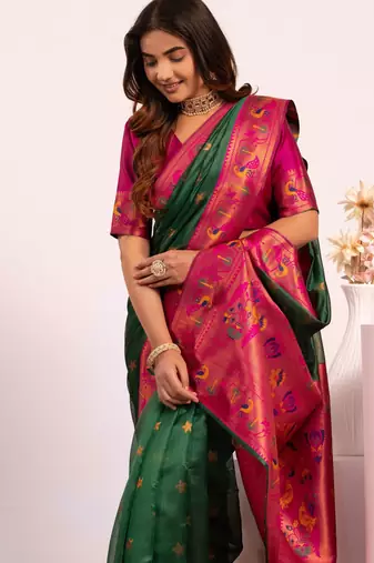Green color tissue silk ethnic partywear paithani pallu designer saree