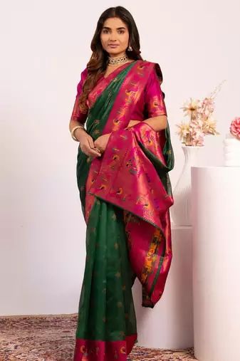 Green color tissue silk ethnic partywear paithani pallu designer saree