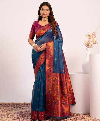 Teal color tissue silk ethnic partywear paithani pallu designer saree 1