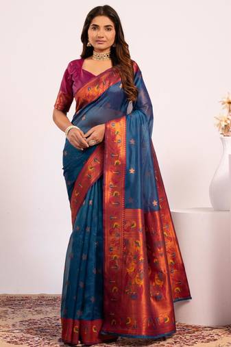 Teal color tissue silk ethnic partywear paithani pallu designer saree