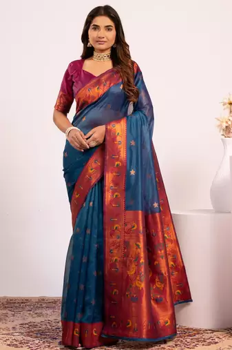 Teal color tissue silk ethnic partywear paithani pallu designer saree