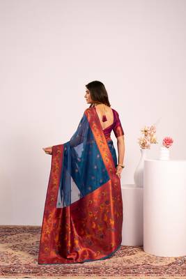 Teal color tissue silk ethnic partywear paithani pallu designer saree 2