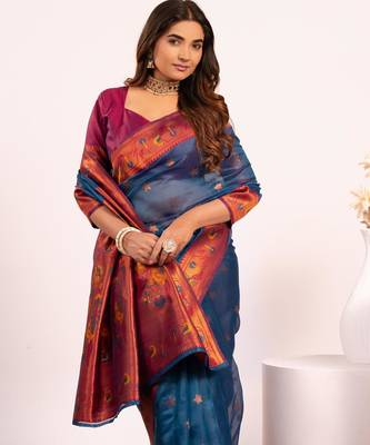 Teal color tissue silk ethnic partywear paithani pallu designer saree 3