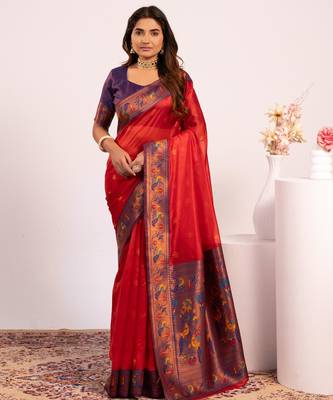 Red color tissue silk ethnic partywear paithani pallu designer saree 1