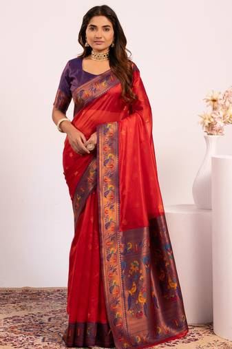 Red color tissue silk ethnic partywear paithani pallu designer saree