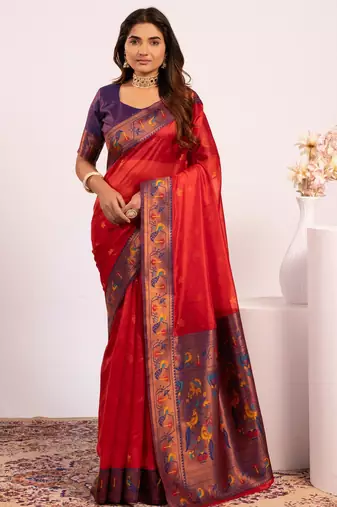 Red color tissue silk ethnic partywear paithani pallu designer saree