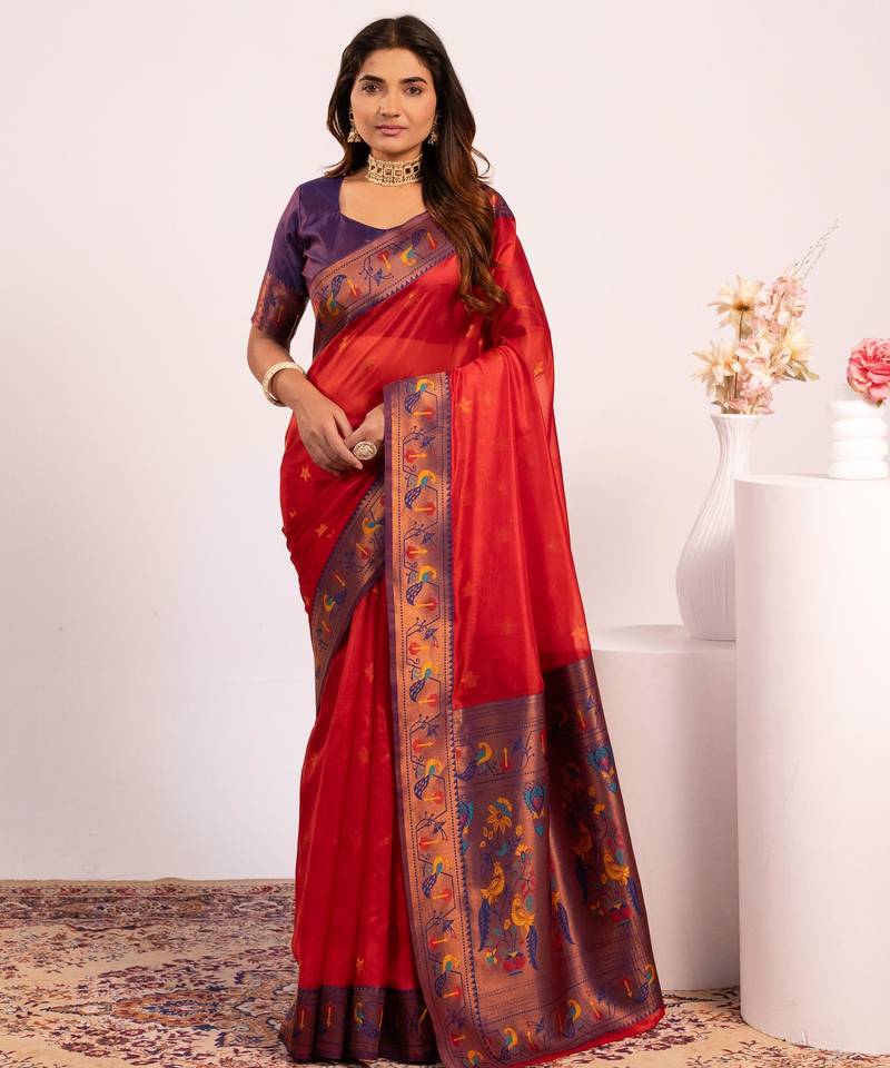Red color tissue silk ethnic partywear paithani pallu designer saree