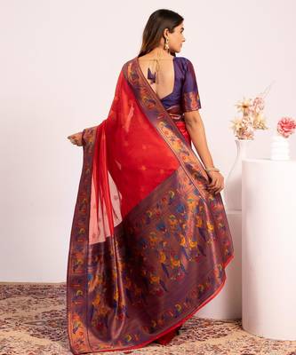 Red color tissue silk ethnic partywear paithani pallu designer saree 2