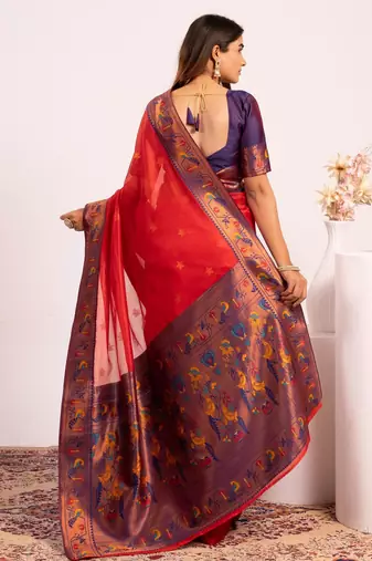 Red color tissue silk ethnic partywear paithani pallu designer saree