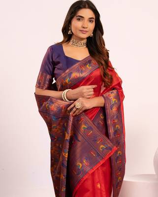 Red color tissue silk ethnic partywear paithani pallu designer saree 3