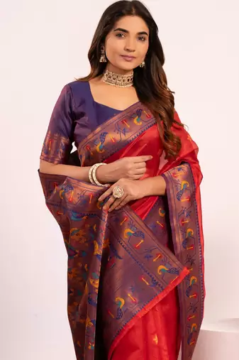 Red color tissue silk ethnic partywear paithani pallu designer saree