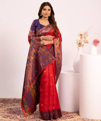 Red color tissue silk ethnic partywear paithani pallu designer saree 4
