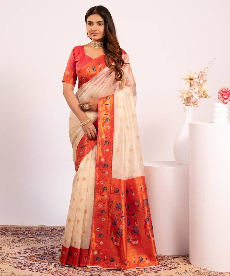 White color tissue silk ethnic partywear paithani pallu designer saree