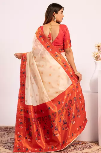 White color tissue silk ethnic partywear paithani pallu designer saree