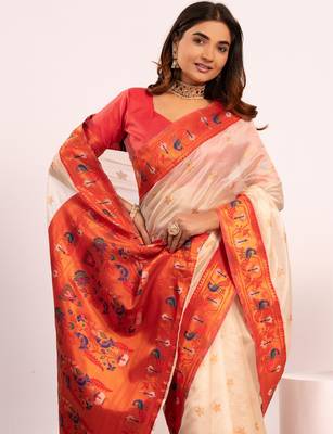 White color tissue silk ethnic partywear paithani pallu designer saree 3