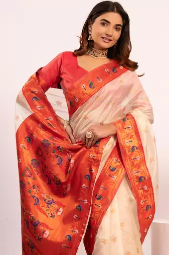 White color tissue silk ethnic partywear paithani pallu designer saree