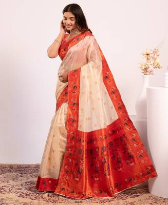 White color tissue silk ethnic partywear paithani pallu designer saree 4