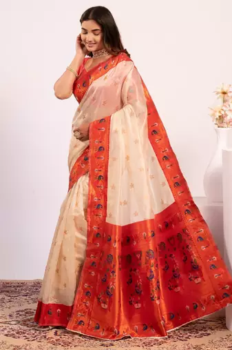 White color tissue silk ethnic partywear paithani pallu designer saree