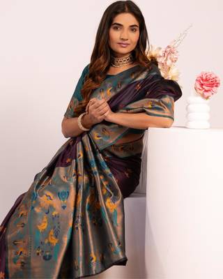 Wine color tissue silk ethnic partywear paithani pallu designer saree 3