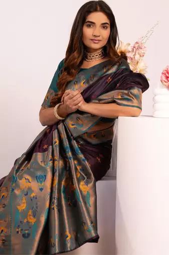 Wine color tissue silk ethnic partywear paithani pallu designer saree