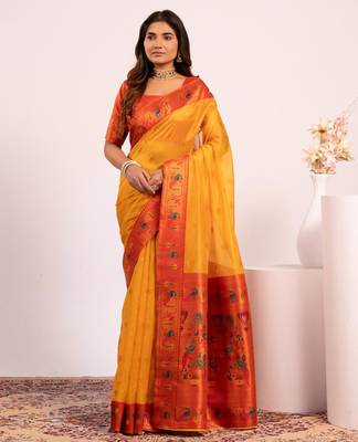 Yellow color tissue silk ethnic partywear paithani pallu designer saree 1