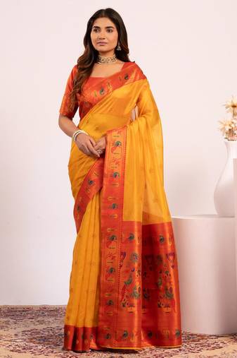 Yellow color tissue silk ethnic partywear paithani pallu designer saree