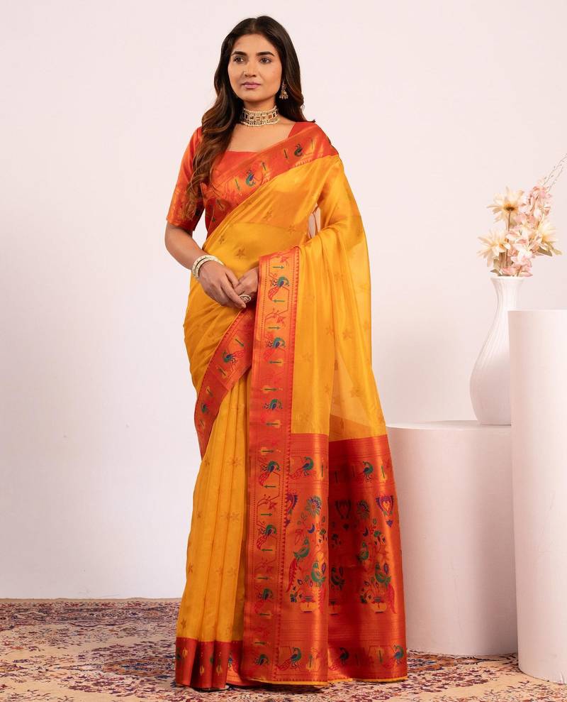 Yellow color tissue silk ethnic partywear paithani pallu designer saree
