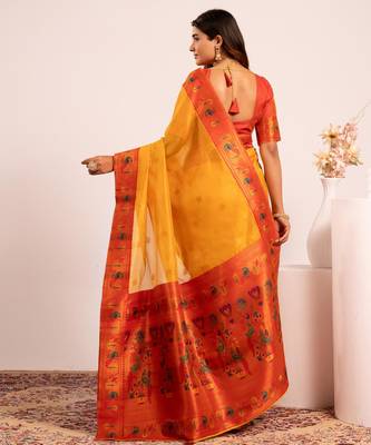 Yellow color tissue silk ethnic partywear paithani pallu designer saree 2