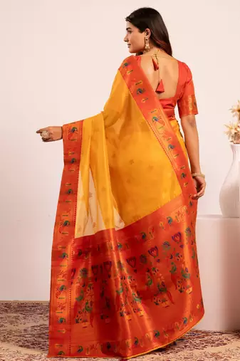Yellow color tissue silk ethnic partywear paithani pallu designer saree