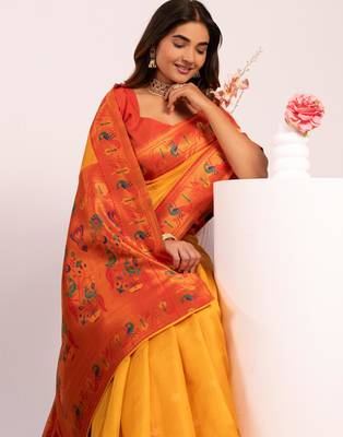 Yellow color tissue silk ethnic partywear paithani pallu designer saree 3