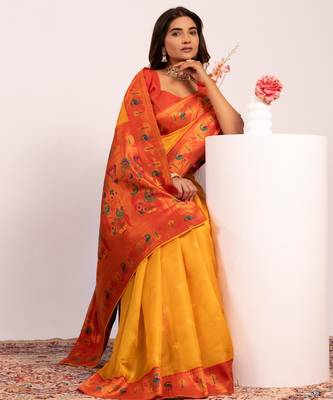 Yellow color tissue silk ethnic partywear paithani pallu designer saree 4