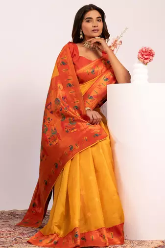 Yellow color tissue silk ethnic partywear paithani pallu designer saree