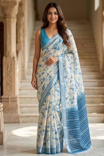 Blue color smart and ethnic linen silk floral printed saree