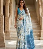 Blue color smart and ethnic linen silk floral printed saree