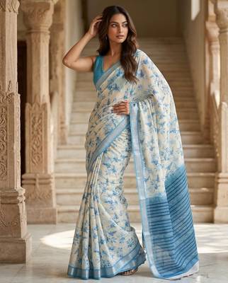 Blue color smart and ethnic linen silk floral printed saree 2
