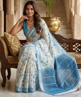 Blue color smart and ethnic linen silk floral printed saree 3
