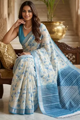 Blue color smart and ethnic linen silk floral printed saree