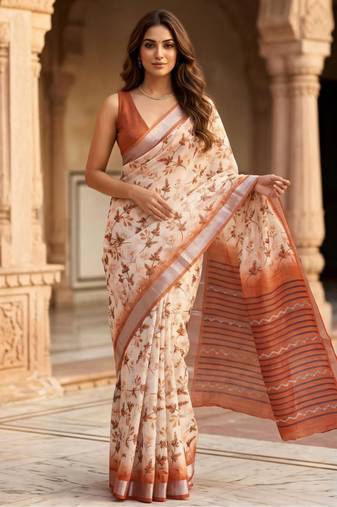 Rust color smart and ethnic linen silk floral printed saree