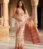 Rust color smart and ethnic linen silk floral printed saree