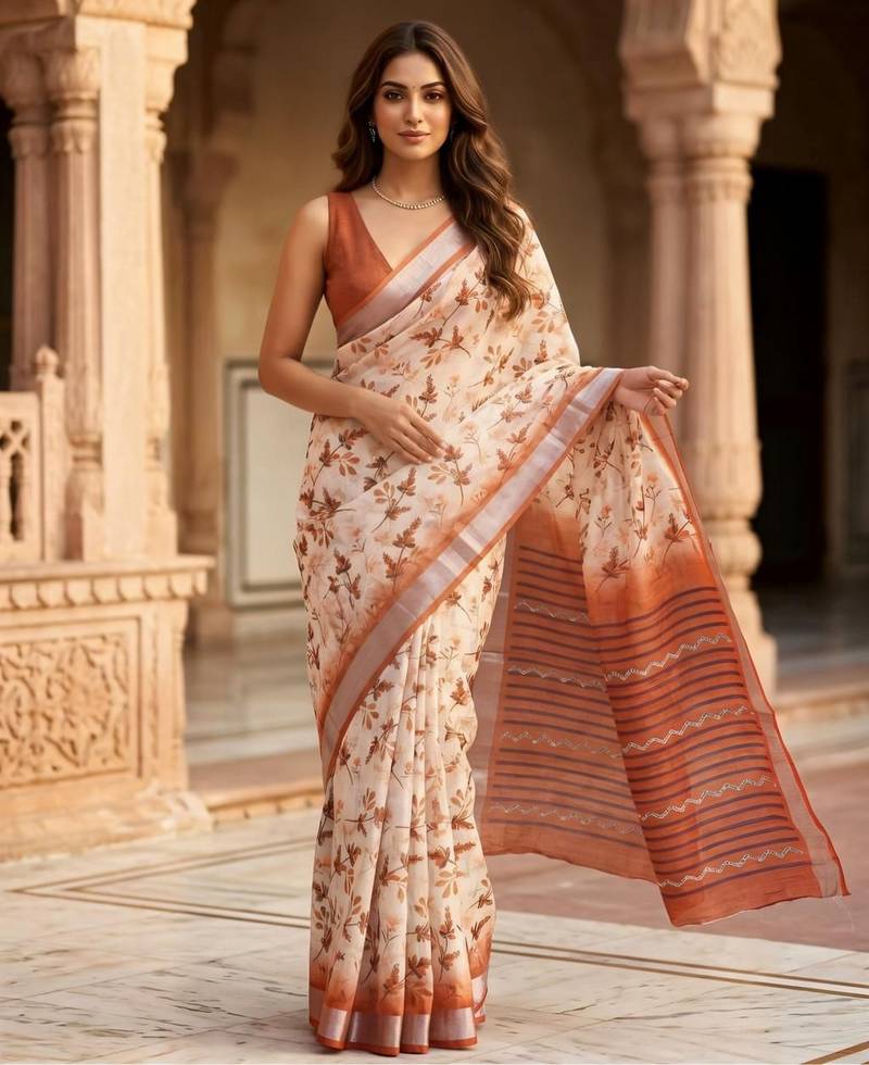Rust color smart and ethnic linen silk floral printed saree