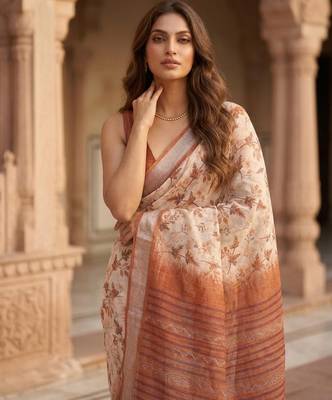 Rust color smart and ethnic linen silk floral printed saree 2