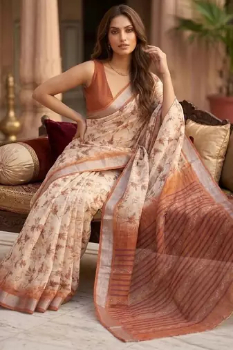 Rust color smart and ethnic linen silk floral printed saree