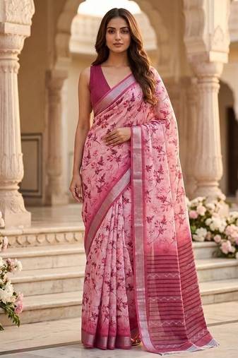 Pink color smart and ethnic linen silk floral printed saree