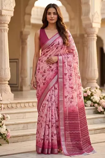Pink color smart and ethnic linen silk floral printed saree