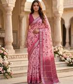 Pink color smart and ethnic linen silk floral printed saree
