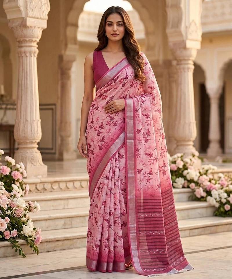 Pink color smart and ethnic linen silk floral printed saree