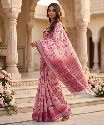 Pink color smart and ethnic linen silk floral printed saree 2
