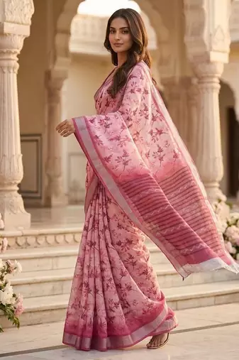 Pink color smart and ethnic linen silk floral printed saree